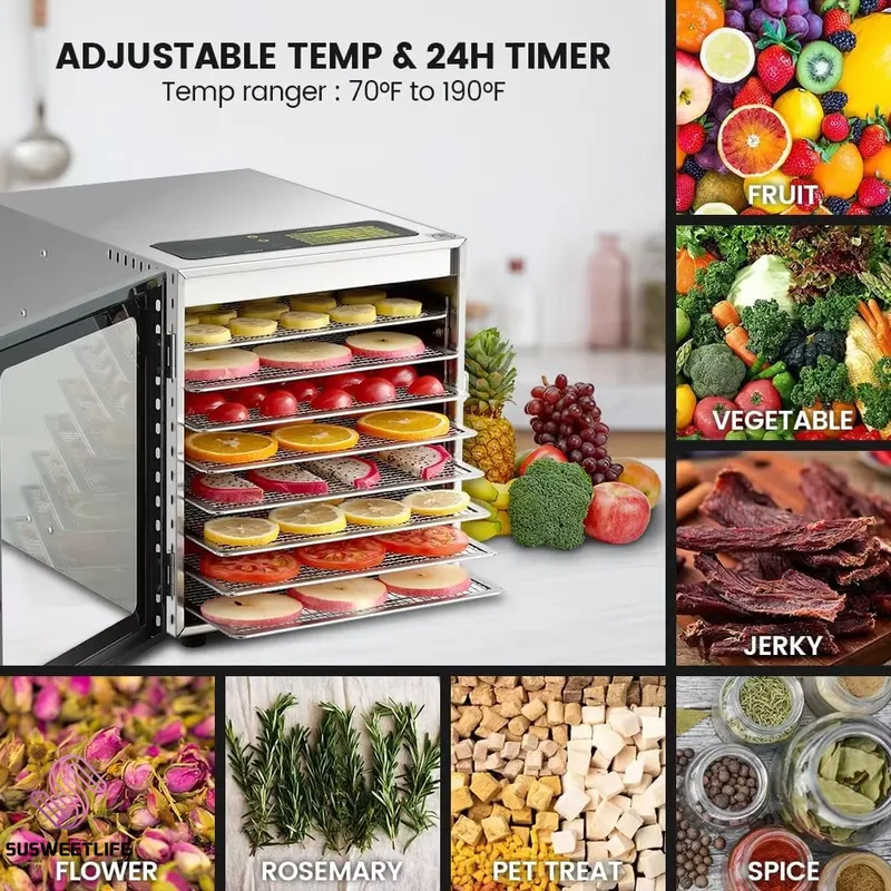 Healthy Snacks Food - Large Capacity 8-Tray Food Dehydrator 500W